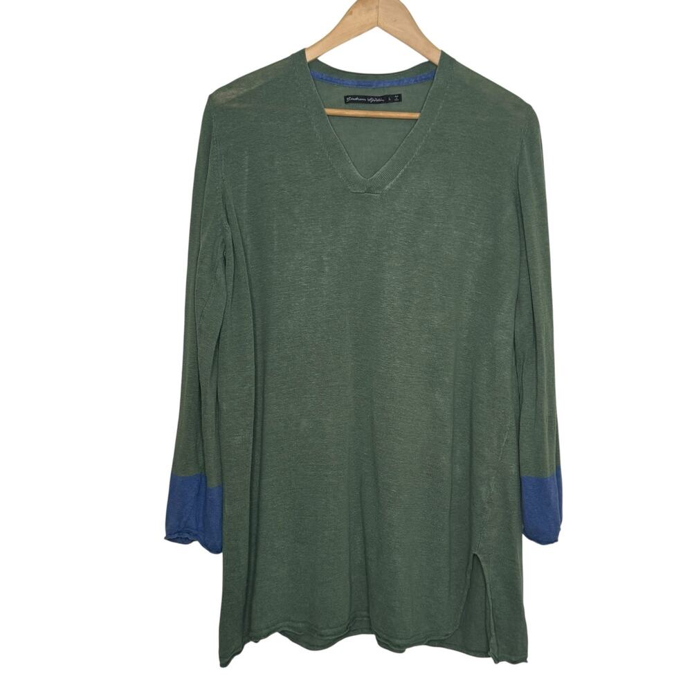 Gudrun Sjödén 100% Linen V-Neck Green Blue Color Block Cuffs Lagenlook Sweater